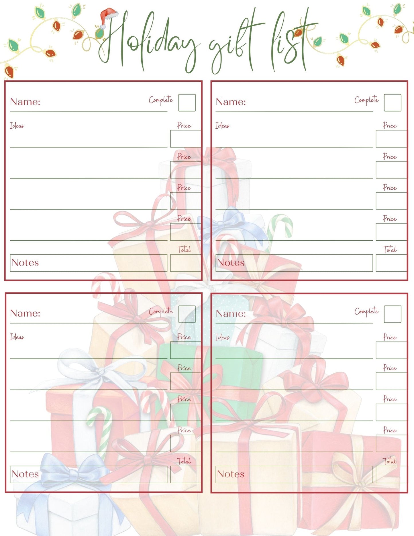 Christmas Holiday Gift List FREE Printable !!!