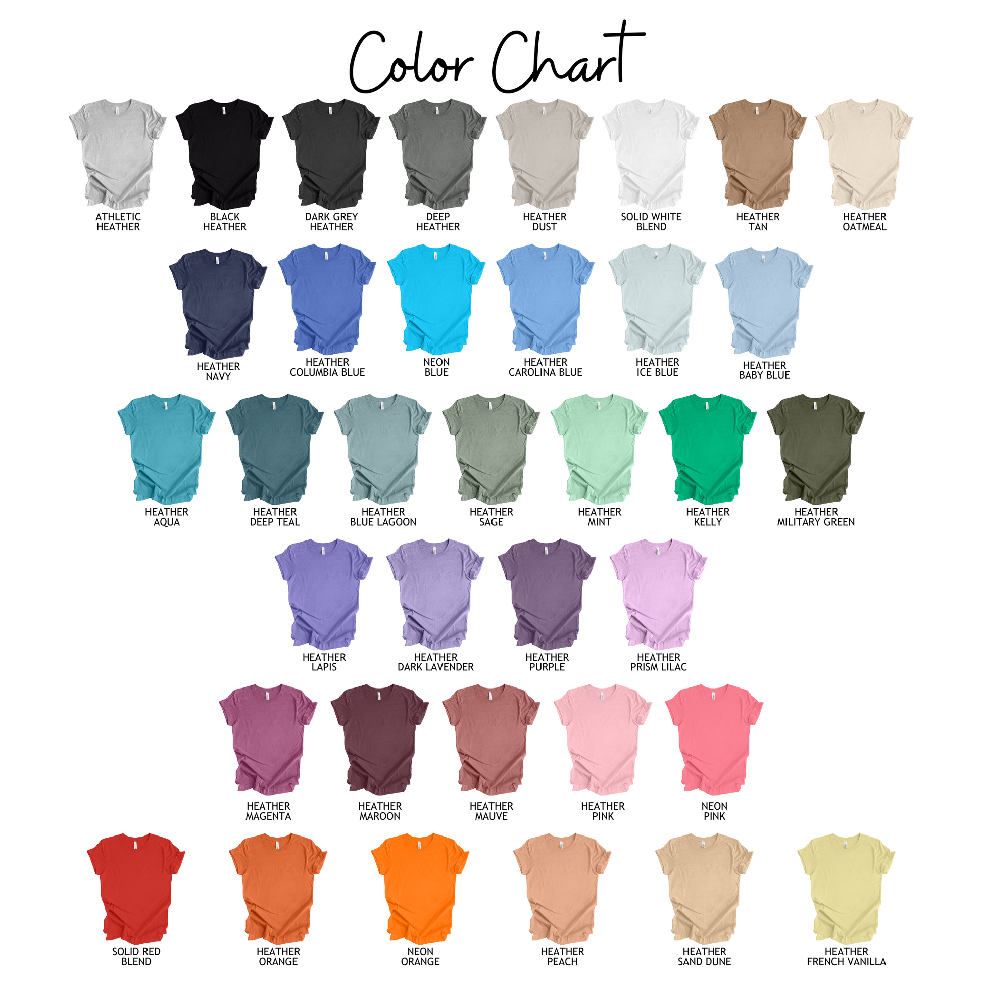 The image is a color chart displaying various shades of t-shirts in a grid format.