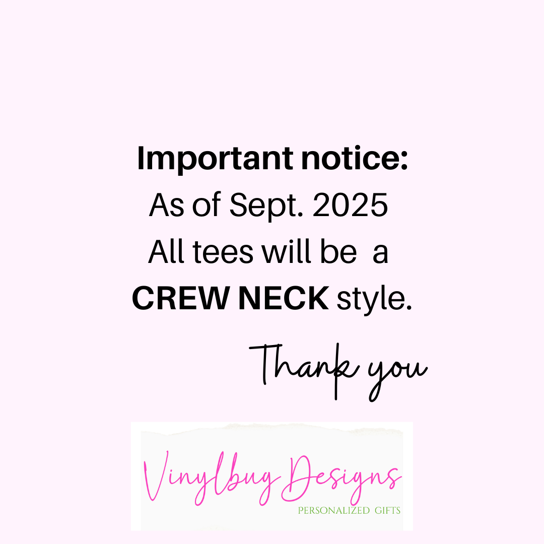 an important notice about a change in the crew neck style of all tees, dated September 2025. The notice expresses gratitude and thanks for the change.