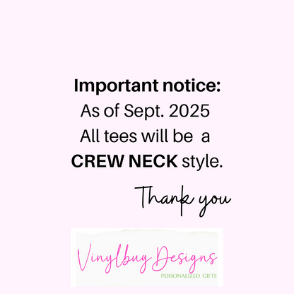 an important notice about a change in the crew neck style of all tees, dated September 2025. The notice expresses gratitude and thanks for the change.