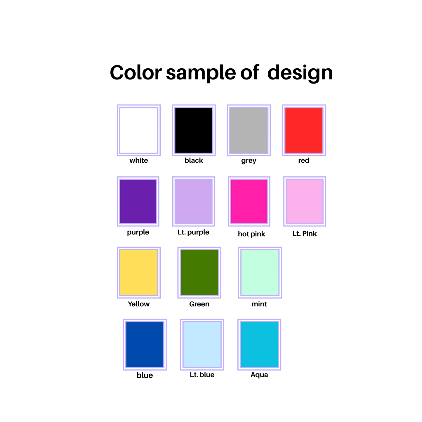 The image is a color sample of design featuring twelve square images, each displaying a different color. The colors include white, black, grey, red, purple, hot pink, pink, green, mint, blue, and aqua.