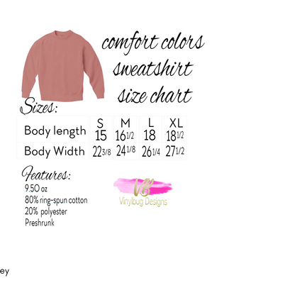 a pink sweatshirt and a size chart, along with some text describing the sweatshirt's features.