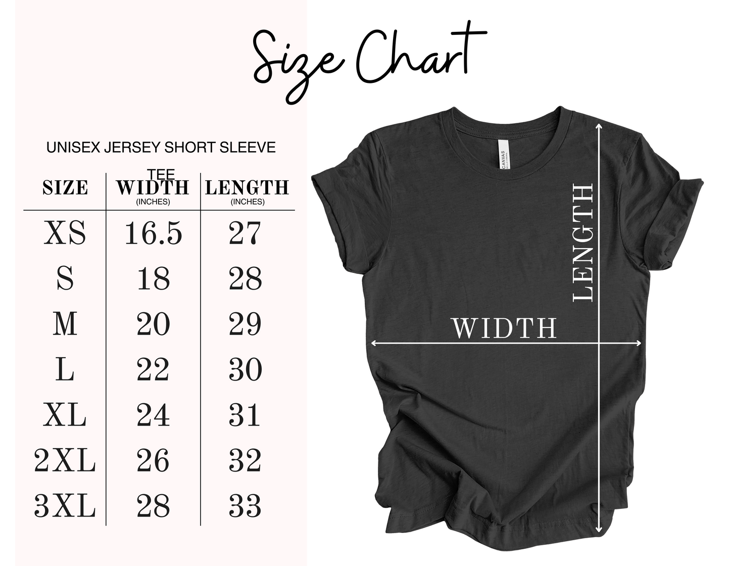 The image is a size chart for a black short sleeve t-shirt, providing measurements for different sizes such as XS, S, M, L, XL, and 3XL.