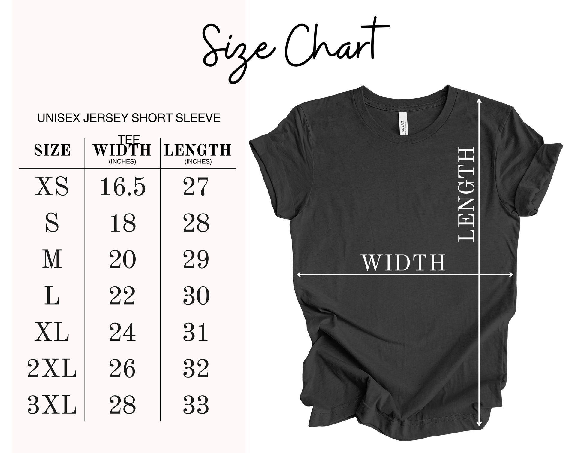 The image is a size chart for a black short sleeve t-shirt, providing measurements for different sizes such as XS, S, M, L, XL, and 3XL.