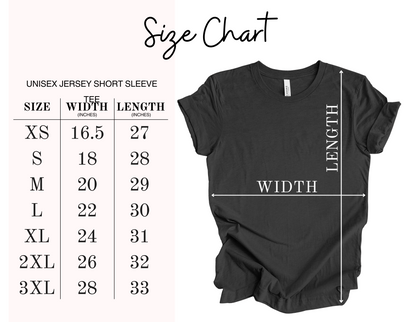 The image is a size chart for a black short sleeve t-shirt, providing measurements for different sizes such as XS, S, M, L, XL, and 3XL.