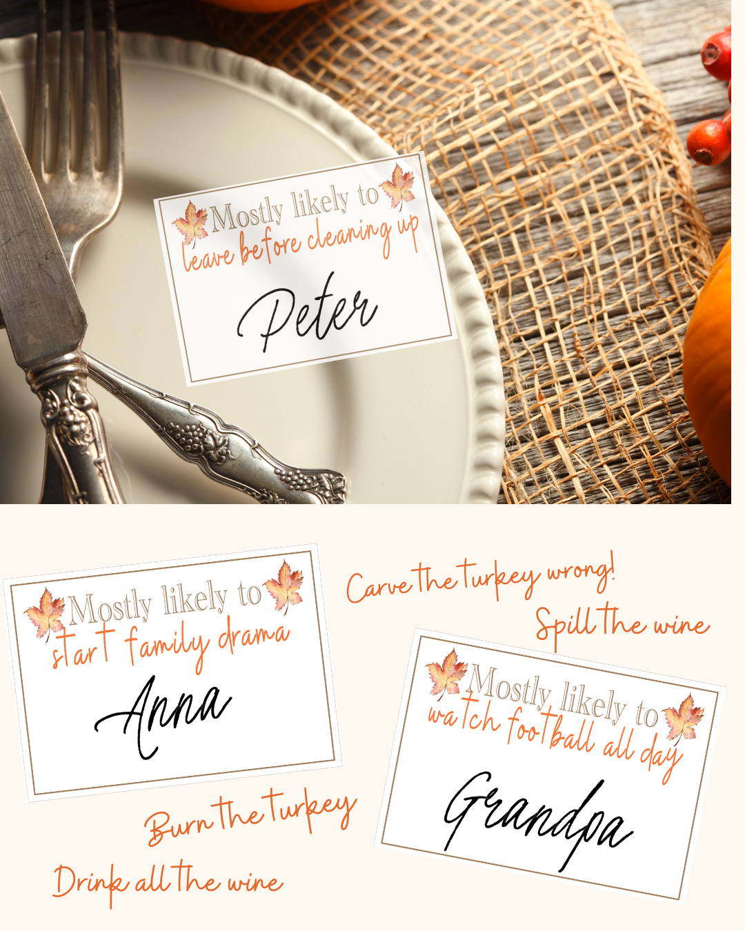 Printable Funny Thanksgiving Place Settings